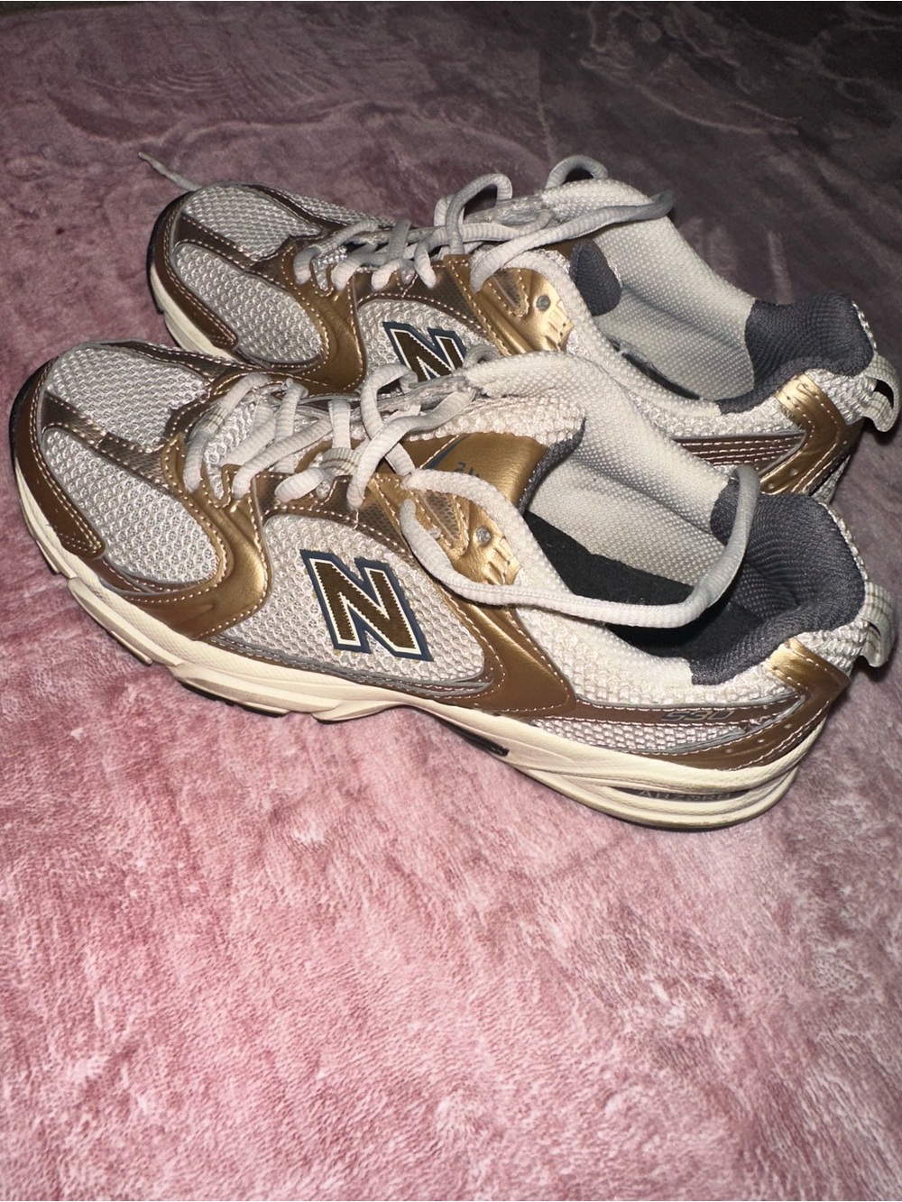 New Balance White and Gold Mesh Walking Sneakers